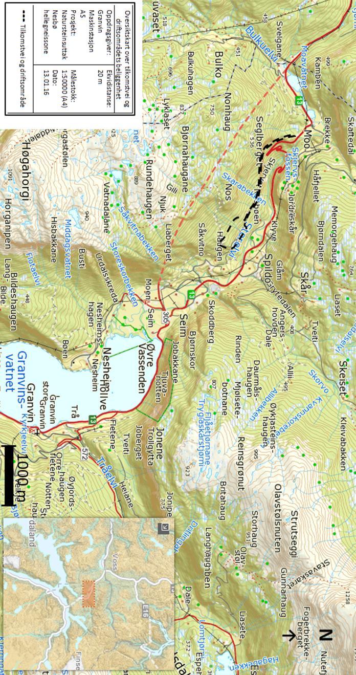 2.1.1 Kart 1: Oversiktskart over areal for natursteinsuttak og tilkomstveg. 2.