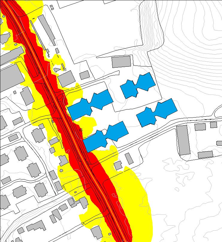 . Støysoner L den 1,5 m over terreng STØYSONEKART Rød støysone Gul støysone Område: Skjønhaugtunet Ny bygning Veg Kommune: Gjerdrum Eks. bygning Høydekoter Utarbeidet: 16.05.2017 Kart 3.