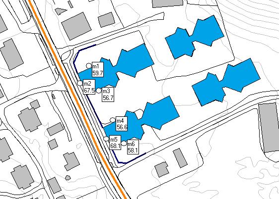 Kart 5. Lydnivå L den i målepunkter utenfor fasade. Lydnivået på balkongene skal ikke overstige L den = 55 dba. Som det fremgår av kart 5 vil lydnivåene ligge på L den = 56,6 68,1 dba altså opptil ca.