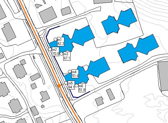 Tilsvarende beregninger er foretatt for maksimalt lydnivå L A,max. Kart 7 under viser maksimalt lydnivå utenfor fasaden i de samme punktene. Kart 7. Trafikkstøy, lydnivå ved fasaden (maksimalt lydnivå.