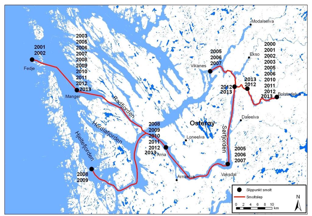 Figur 2. Sleperute og slippunkt for smolt i perioden 2001-2013. Smolt fra merdanlegget i Evanger ble sluppet i årene 2009-2013. 2.2 Gjenfangst ved bruk av kilenot og sittenot Tilbakevandret laks ble i hovedsak registrert ved bruk av tradisjonell notredskap i fjordsystemet utenfor Vossovassdraget.