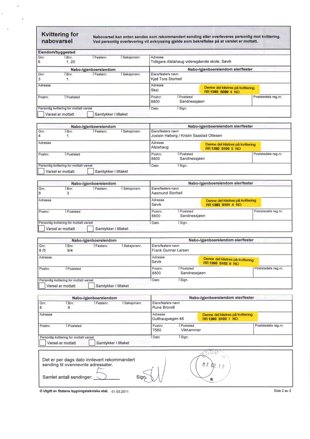 Nabovarsel kan enten sendes som rekommandert sending eller overleveres personlig mot kvittering. Ved personlig ovedevering vil avkryssing gjelde som bekreftelse på at varslet er mottatt.