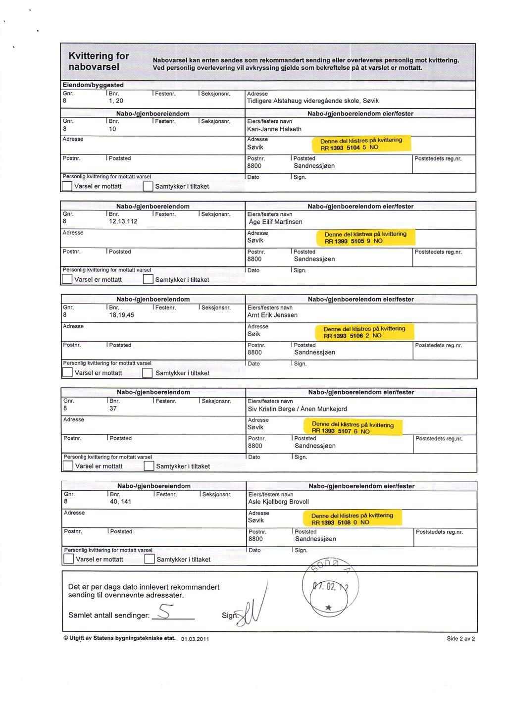 Nabovarsel kan enten sendes som rekommandert sending eller overleveres personlig mot kvittering. Ved personlig overlevering vil avkryssing gjelde som bekreftelse på at varslet er mottatt.