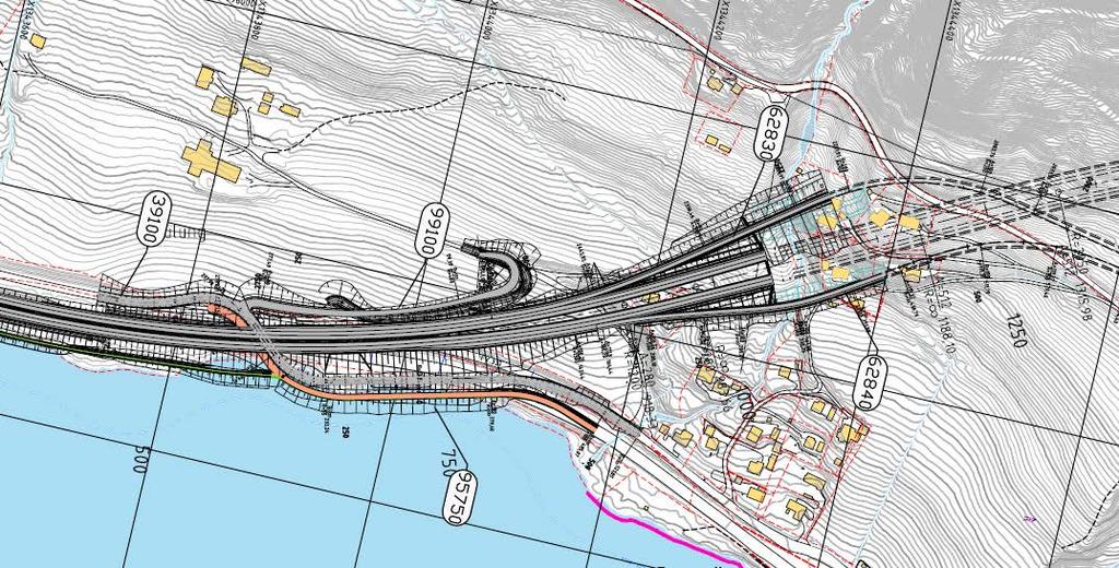 16 Figur 6: Kryssutforming i Øyresvika for alternativ II-C-2-E. Ramper for lokaltrafikk mot byen ledes i tunnel forbi Vingnes og har omtrent samme startpunkt som E6-tunnelen.