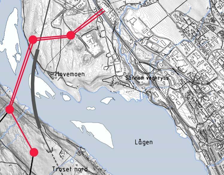 21 Statnett anbefaler ombygging som luftstrekk der begge ledningene samles i én korridor ved kryssingen av Lågen, primært alternativ L3.