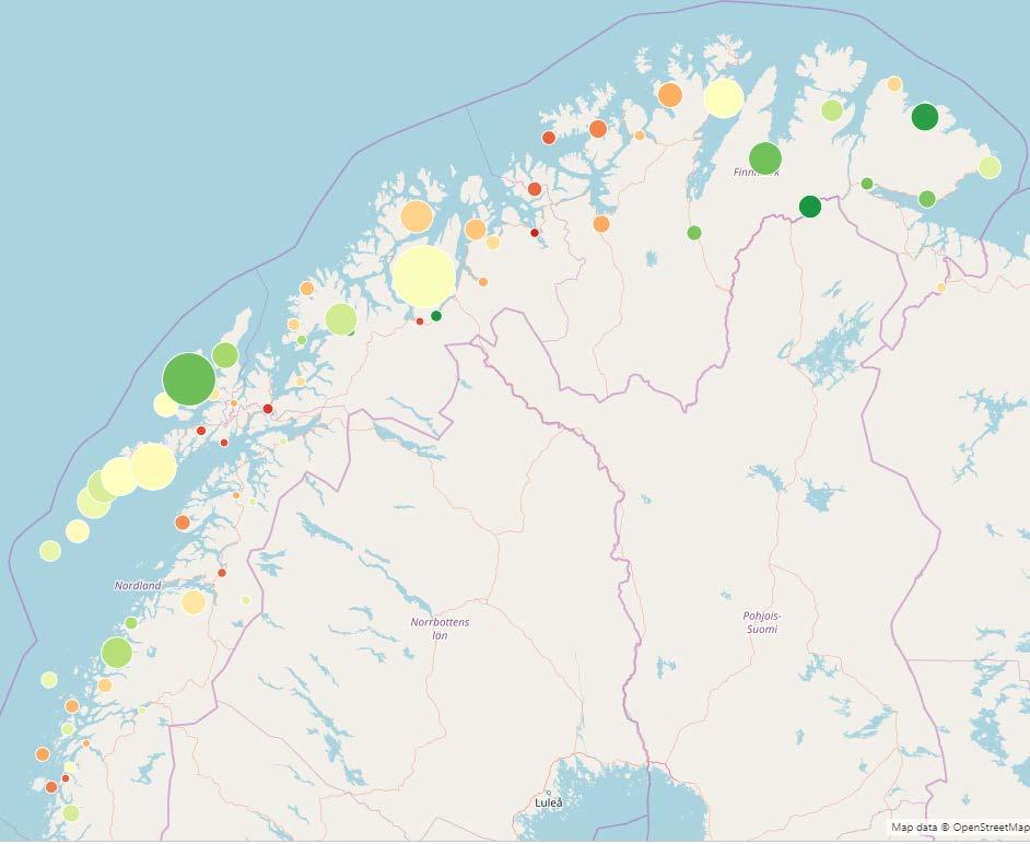 Fargekode endring deltakeradganger +100% -22% Figur 4 Kommunevis fordeling av deltageradganger torsk, nord hjemmelslengde under 11 meter i Nordland, Troms og Finnmark.