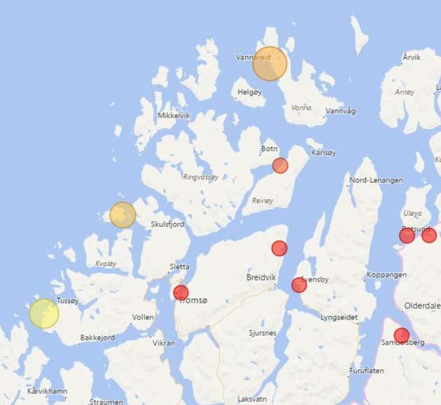 Figur 20 Råstoffkjøp av torsk, hyse og sei i Tromsø-området. Størrelse på sirkel indikerer total mengde (fra fartøygrupper) og fargekode andelen som leveres fra fartøy under 11 meter.