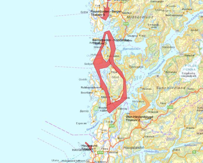 Tiltaksområder i strekning Haugesund Bergen Tiltaksområde Haugesund 5 utdypingsområder 7 navigasjonsinnretninger (5 på betongfundament 2 tiltakspakker Tiltaksområde Ølen - Høylandsbygd 3