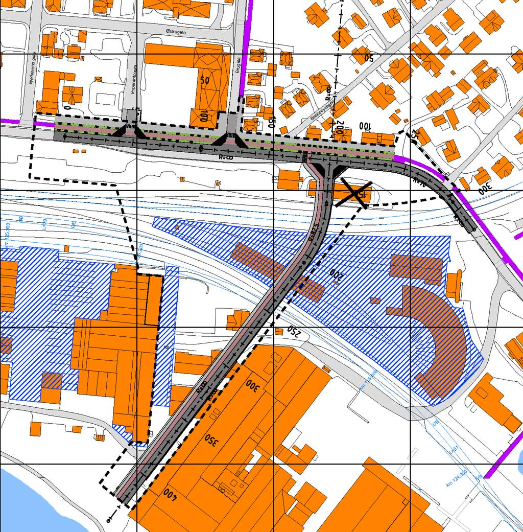 NOTAT 7. ALTERNATIV 5 BRU TIL BYKRYSS I STANGEVEGEN ØST FOR BRUGATA Alternativet er utformet i samsvar med kvartalsstrukturen i Hamar sentrum.