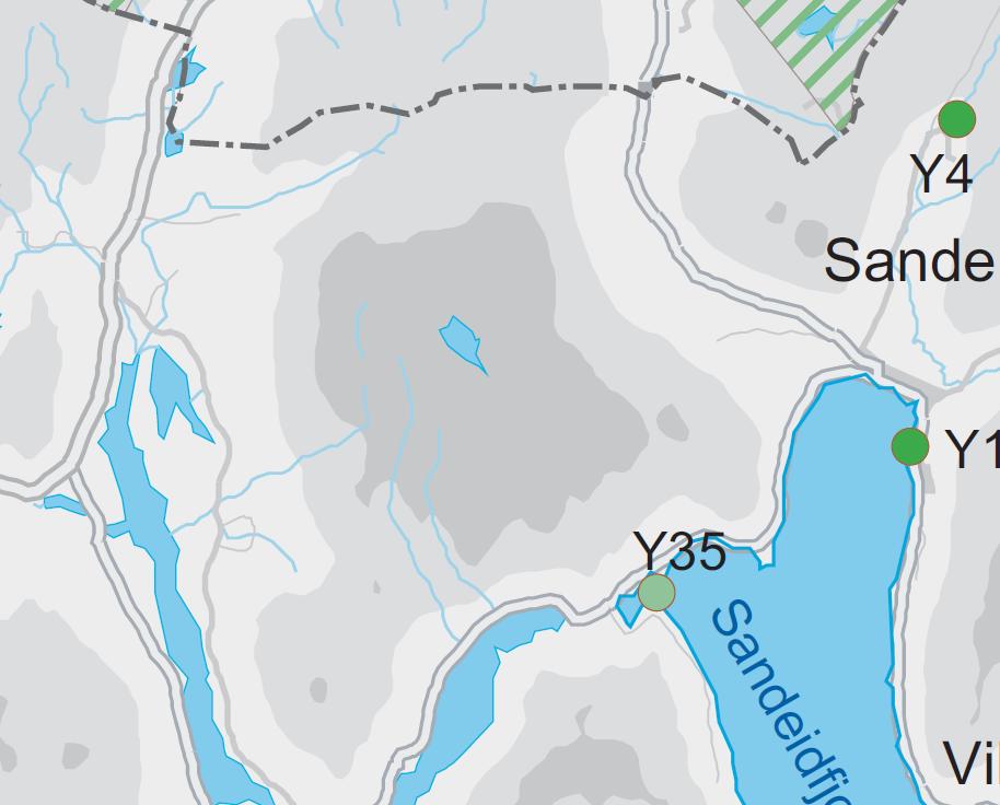 Y63 Figur 1: Utsnitt av FINK plankart. Området Y1 og Y4 er Sikra område. Y35 er et område som bør sikres. Området Y63 er et turområde hvor almenne friluftsinteresser bør gis prioritet.