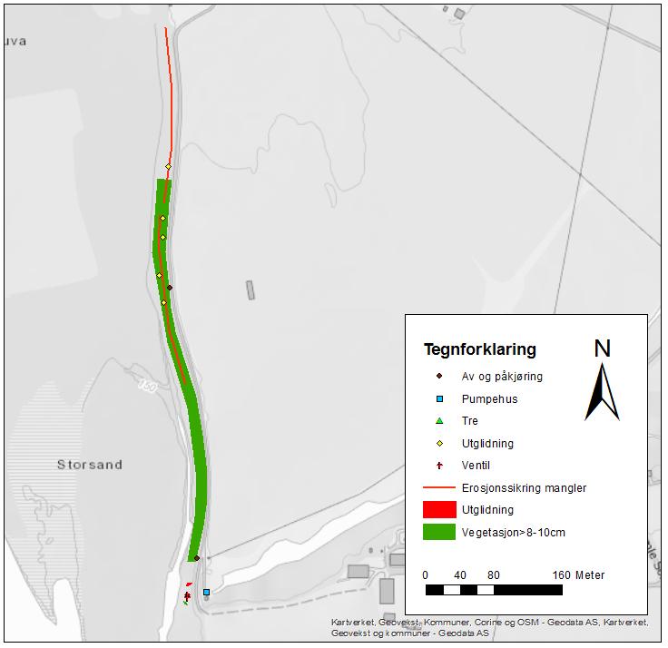 Sorknes flomverk (VV 5416, 9159) og Sorka pumpestasjon (VV 5146), Grue kommune 3 Teknisk tilstand En oppsummering av tilstand på flomverkene er presentert i detaljert kart med markerte observasjoner