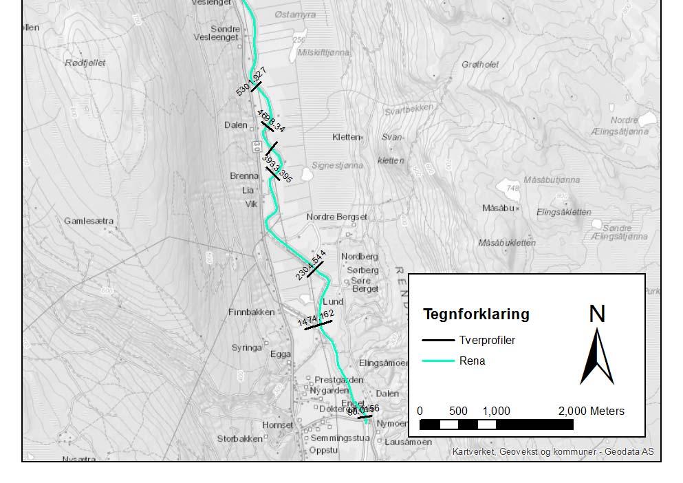 Det er brukt en friksjonskoeffisient på n= 0,035 (M= 29) for elvebunnen og 0,04 (M=25) for flomutsatt terreng.