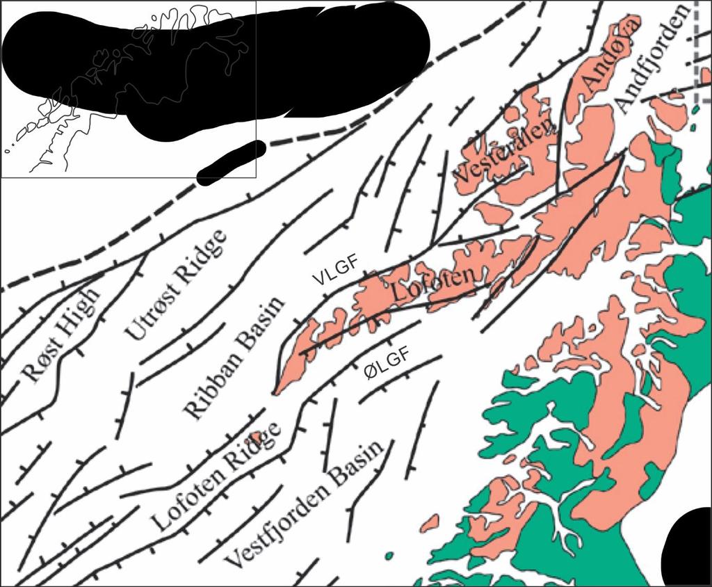 Figur 2 Oversiktskart over studieområdet og forenklet geologisk kart som viser prekambriske bergarter i Lofoten-Vesterålen og kaledonske bergarter på fastlandet. Se figur 1 for tegnforklaring.