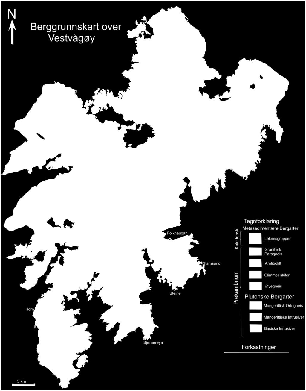Figur 3 Viser forenklet berggrunnskart over de prekambriske bergartene og den kaledonske Leknesgruppen på Vestvågøya.