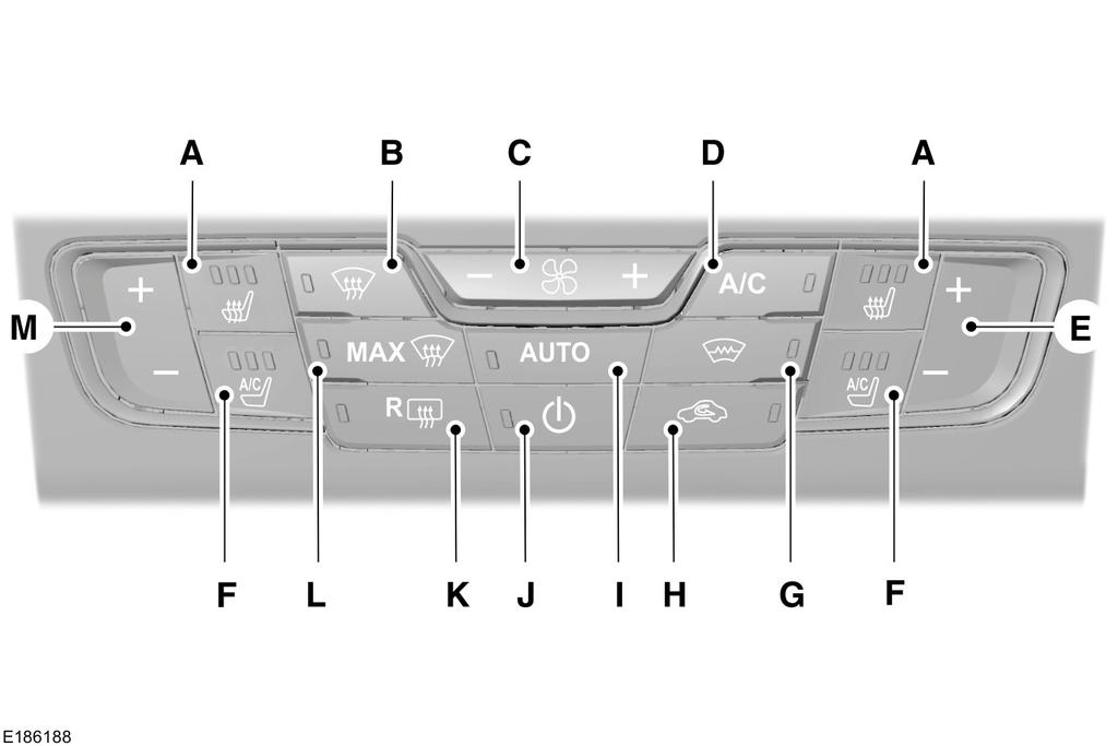 Klimaregulering AUTOMATISK KLIMAREGULERINGSSYSTEM - BILER MED: OPPVARMET FRONTRUTE A B C D E F Oppvarmede seter (hvis utstyrt): Trykk på knappen for å slå funksjonen av og på.