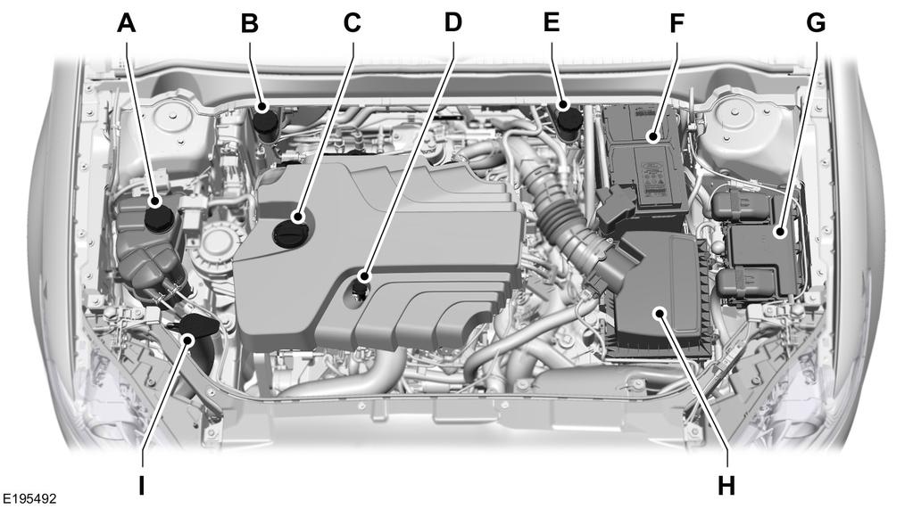 Vedlikehold OVERSIKT UNDER PANSERET - 2,0 LITERS DIESEL A. B. C. D. E. F. G. H. I. Beholder for motorens kjølevæske Se Tåkelys foran (side 247). Beholder for bremse- og clutchvæske (høyrekjørt).