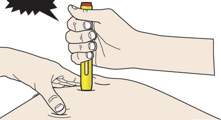J Fortsett å trykke pennen ned på huden. Injeksjonen tar cirka 15 sekunder.