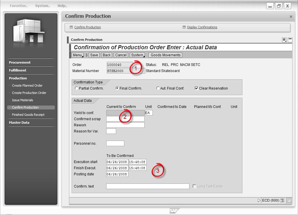 Create Products -- Produser Production Confirmation in SAP Når Fabrikkarbeider Charles har flyttet råvarene til arbeidsstasjon 200, logger han på SAP og oppdaterer status til Ferdig for stasjon 200.