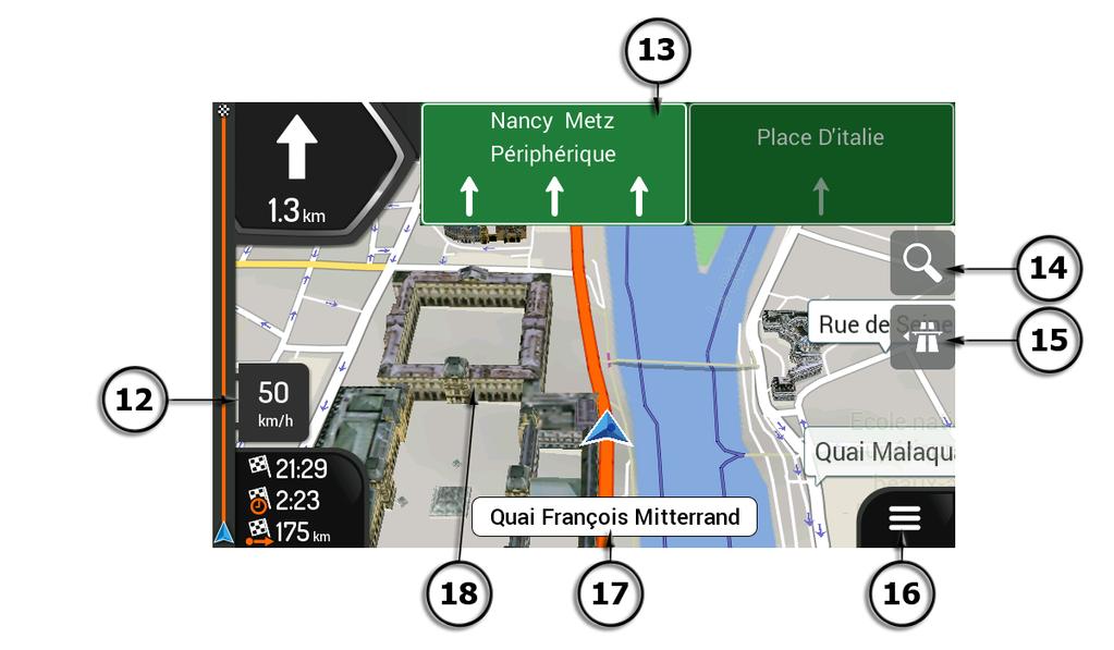 Navigasjonsvisning Navigasjonsvisningen er hovedskjermen til Z-E3756 som viser den planlagte ruten på et kart.