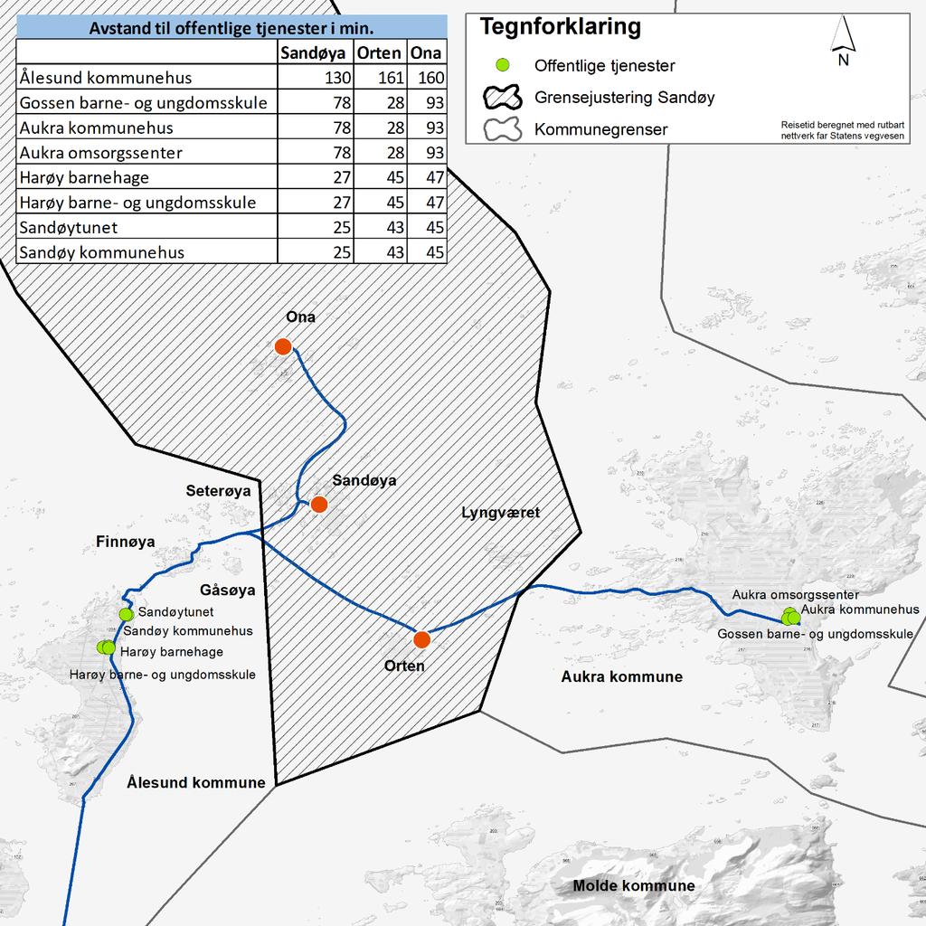 22 sysselsette personar pendlar ut frå grunnkringsgruppa (Orten, Sandøy og Ona/Husøy). Av innpendling til grunnkrinsgruppa er det berre registrert eit fåtal frå Aukra (anonymisert).