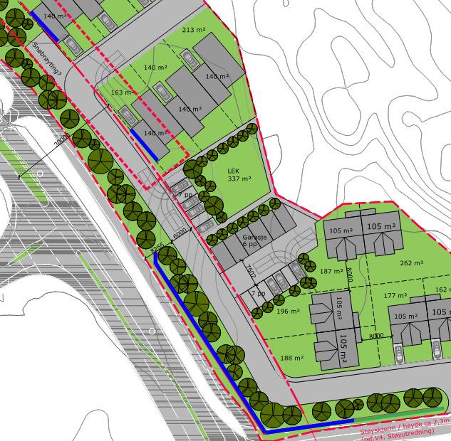 Følgende skjerming foreslås, for å få det aller meste av utearealet på bakken utenfor gul og rød støysone: Skjerm bygges langs tomtegrense mot vei.