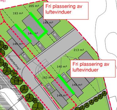 i gul støysone skal ha minst ett luftevindu mot stille side. Fasader med OK plassering av luftevinder er markert med grønn strek. Figur 7 Alle oppholdsrom i 2.