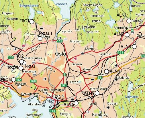 Figur 1. Elvenes og stasjonenes beliggenhet i Oslo 2.2 Alna Det ble tatt prøver fra de 6 faste stasjonene i Alna (Figur 2).