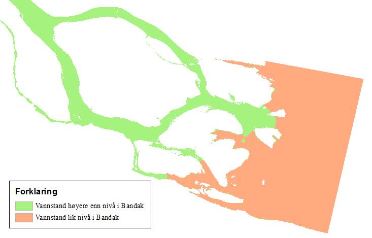 VEDLEGG K - PÅVIRKNING AV VANNSTAND I BANDAK FOR VANNSTAND I TOKKEÅI Figur 66: Kartutsnitt av område hvor nedre del av Tokkeåi munner ut i Bandak, som viser hvilke områder i strømningsområdet som har