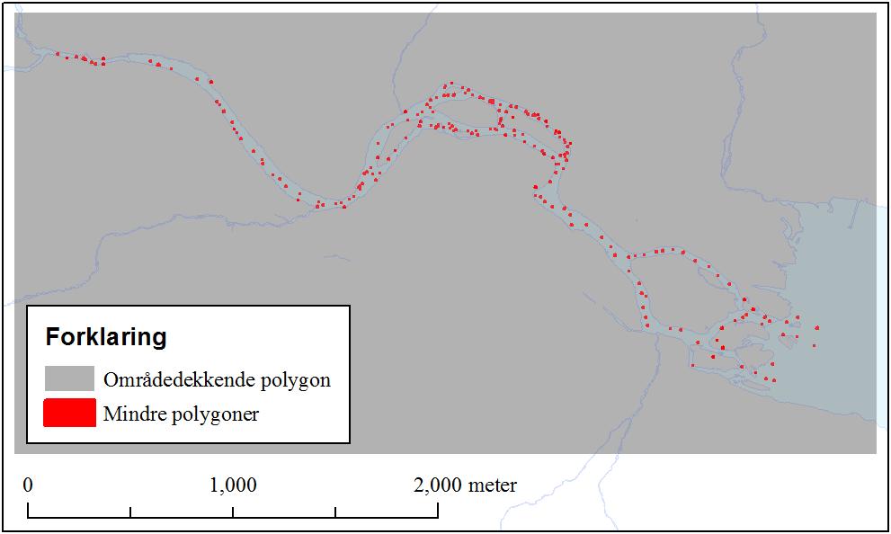 Figur 9: Oversikt over utklipte polygoner til vurdering av interpolasjonsmetoder. Lagde så et stort polygon som dekte hele elvens område (gråfarget polygon i figur 9).