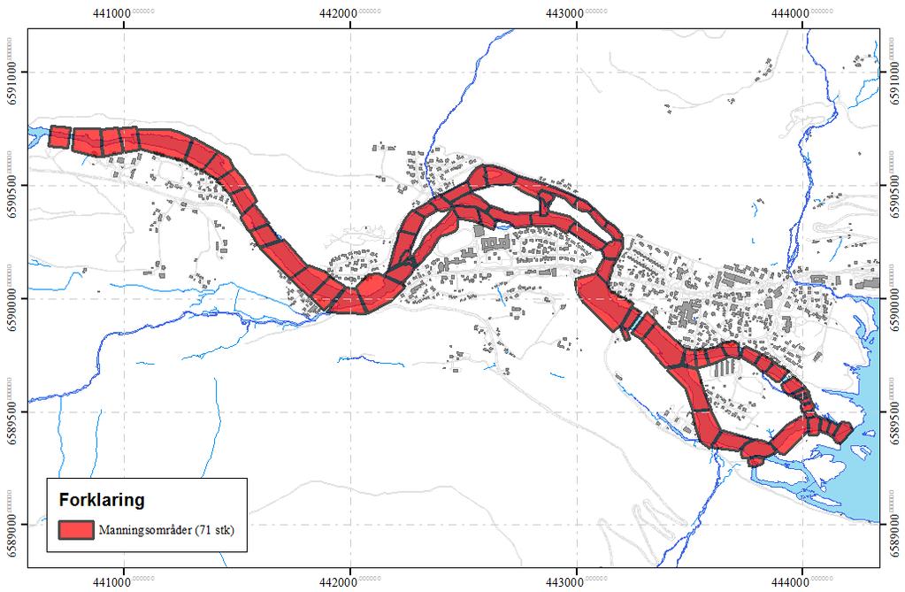områder/soner ble endret slik at simulert vannoverflate passet i tilfredsstillende grad til målte vannlinjeverdier. Oversikt over Manningsområdene benyttet er vist under i figur 15.