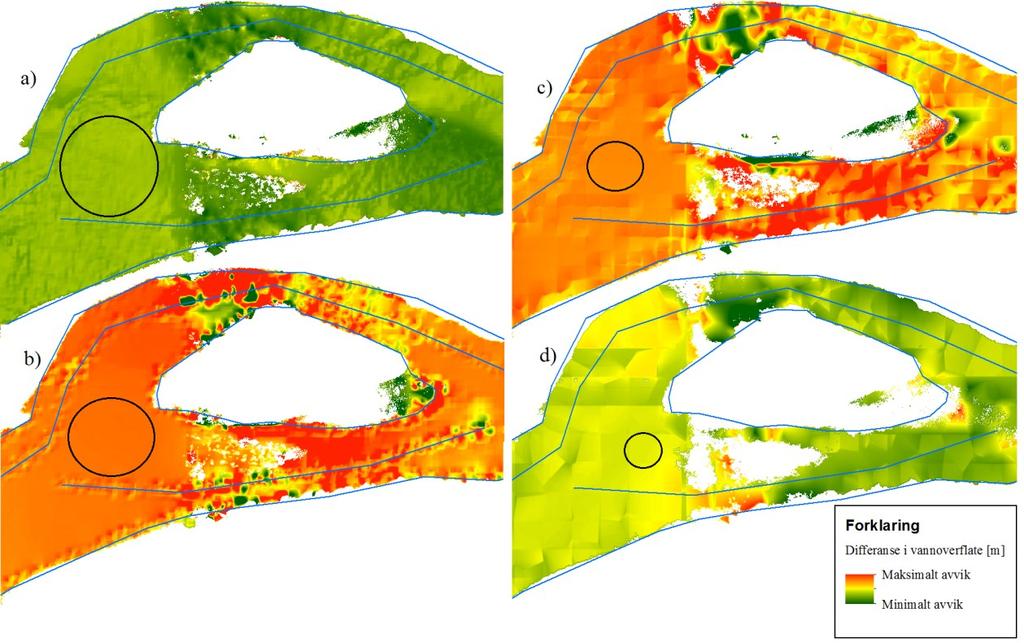 Figur 29: Kartutsnitt fra Tokkeåi som viser vannoverflatedifferansene beregnet mellom simuleringsresultatene med og uten bruddlinjer, hvor mørk rød og grønn betyr stor positiv og negativ differanse.