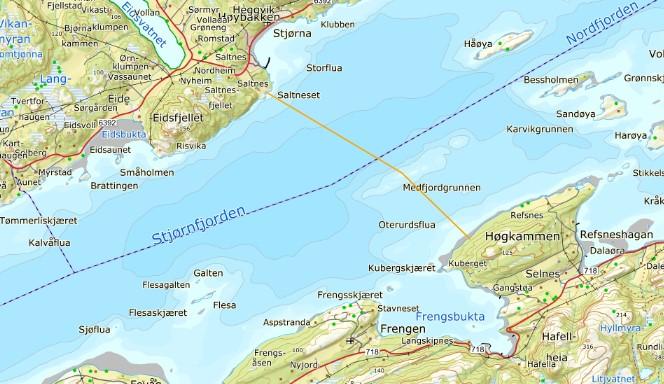 3 Krysning over Stjørnfjorden - bru Krysning over Stjørnfjorden kan foregå med Hengebru fra Ofterundsflua til Medfjordgrunnen lengde ca 1000 meter.