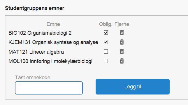 Obligatorisk vs valgfrie emner i studentgruppe - Obligatoriske emner er kollisjonssikret og aktivert i utgangspunktet - Valgfrie emne er kollisjonssikret mot obligatoriske men ikke mot hverandre -