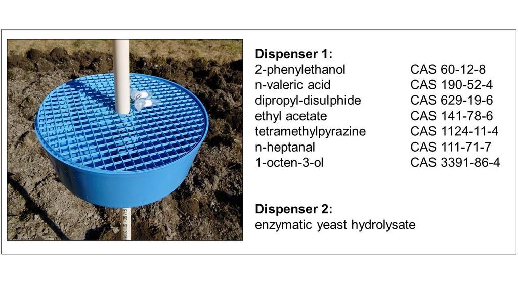 Figur 2 viser design og duftstoffer av den mest lovende prototypefelle, en blå vannfelle med et par duftdispensere.