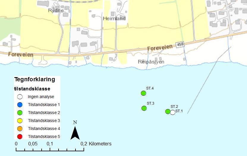 Molo Reipå Miljøundersøkelse av sjøbunnssedimenter 4 Resultater Figur 4-1: Oversikt over plassering av stasjoner for prøvetaking av sediment, ST.1-ST.