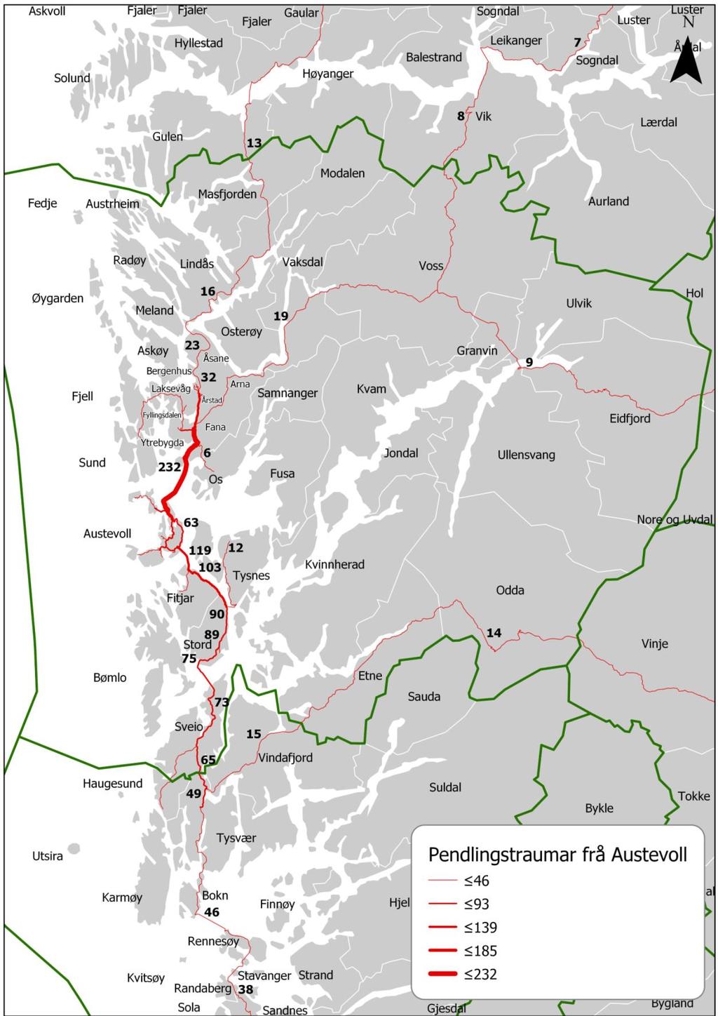 Figur 8: Kart over utpendling frå Austevoll med reiseveg Kartet viser berekna reiseveg for utpendlarane frå Austevoll.