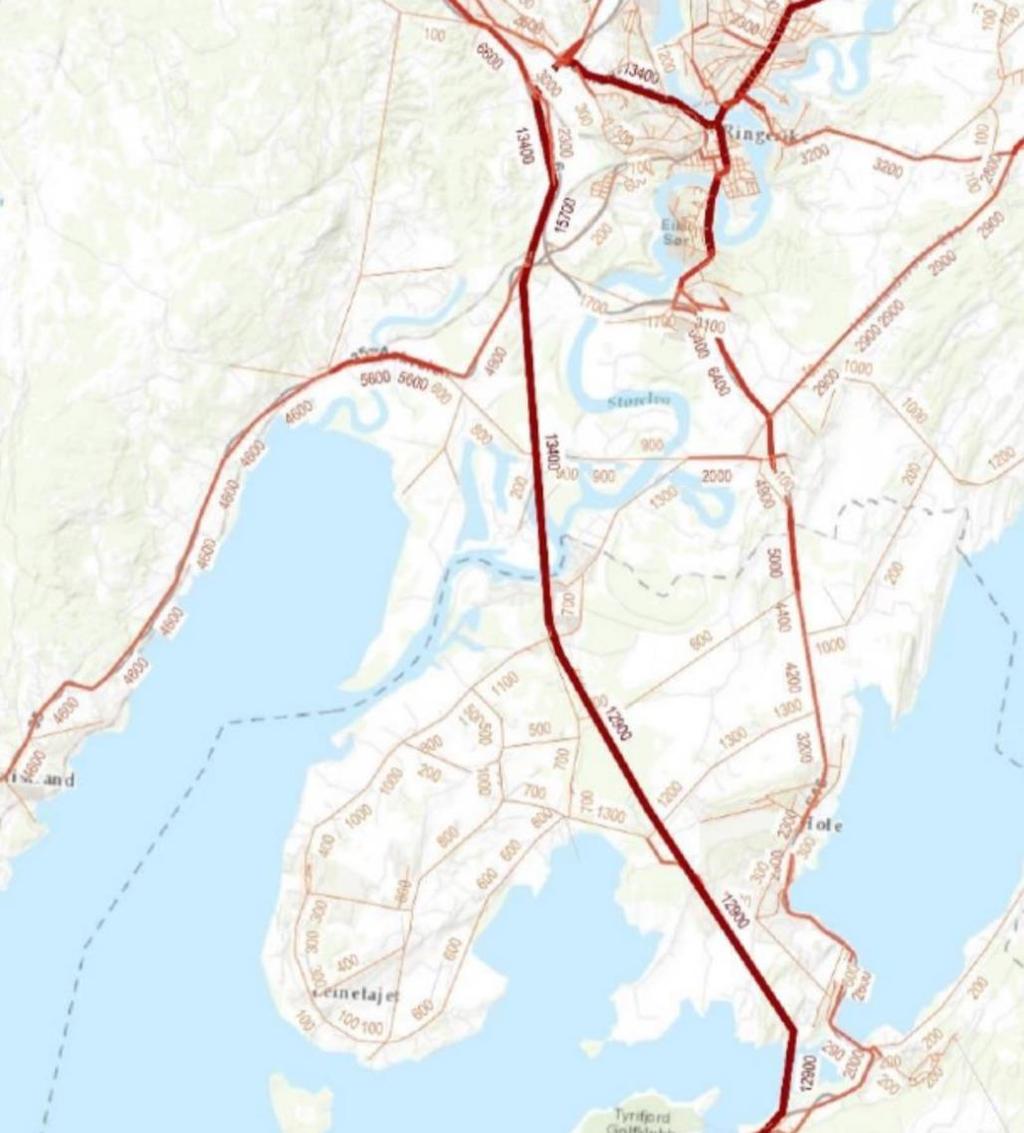 Modellberegnet døgntrafikk (ÅDT) for alternativ med ny E16 og kryss på Helgelandsmoen i