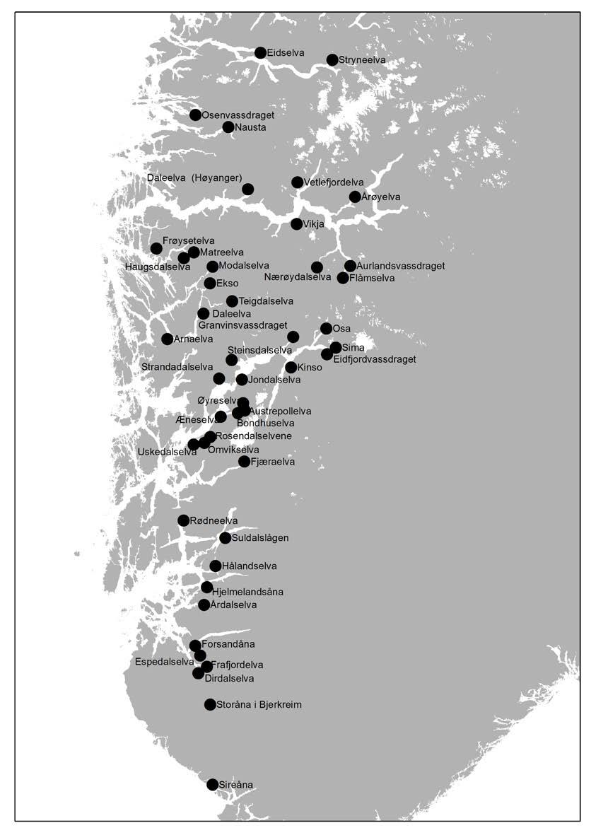 Materiale og metoder Områdebeskrivelse En oversikt over vassdragene hvor det er utført telling høsten 2017 er vist i Figur 1 