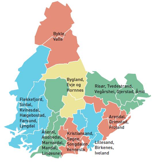 Modell 4: Som modell 3 men Froland inngår i A/G-regionen, kommunene i østreregionen, Listerregionen, Lindesnesregionen, Bykle/Valle