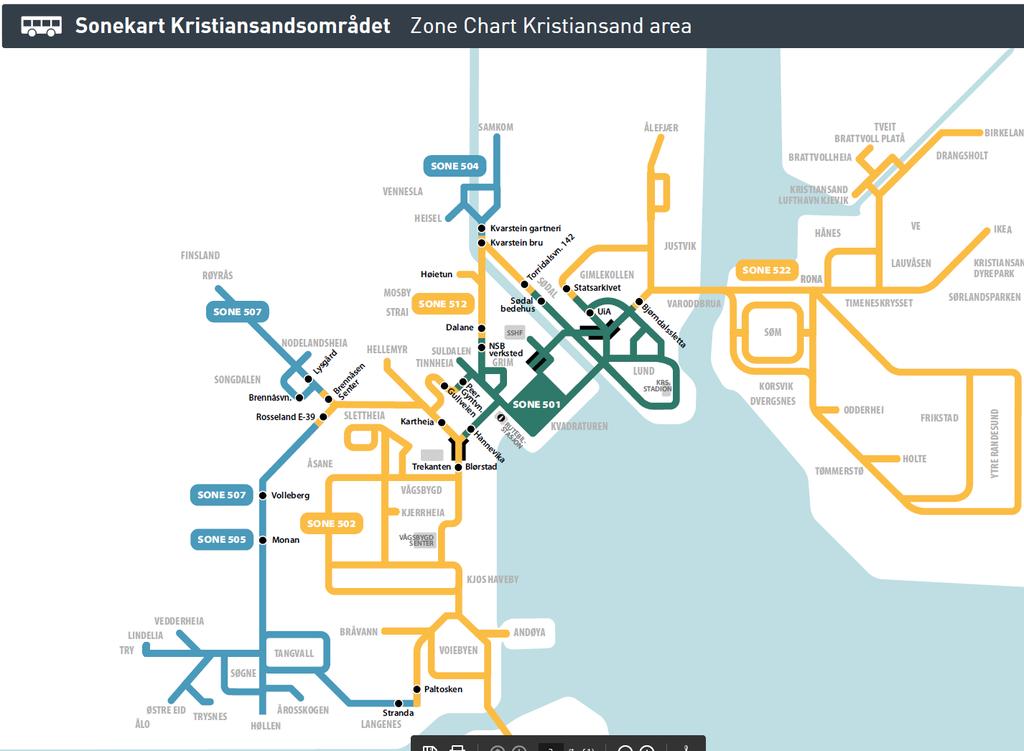 Det er egne nærsoner i Kristiansand. Figur: Dagens sonestruktur i Kristiansandsregionen. I tillegg har kommunene Mandal, Flekkefjord og Farsund i Vest-Agder en nærsone i sentrum. 2.