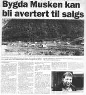 Avisoppslag fra Fremover 7.desember 1995 der innbyggerne i Måsske/Musken truet med å avertere bygda til salgs. 1995, Musken til salgs? I 1995 toppet det hele seg.