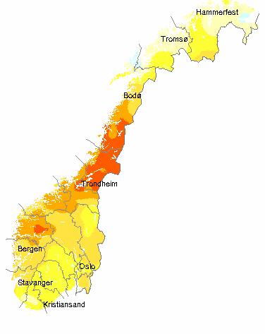 1.1.2 Temperatur Av temperaturkartene ser vi, at med unntak av Nord-Norge i juli, har temperaturen i hovedsak vært høyere enn normalt i hele landet gjennom tredje kvartal.