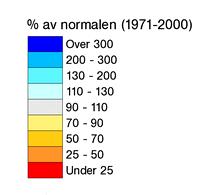 september endret mønsteret seg igjen med mer nedbør enn normalen i Nord-Norge og mindre enn normalen på Vestlandet, Sørlandet og sør på Østlandet. Figur 1.