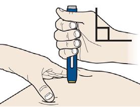 A Trinn 3: Injiser Fortsett å strekke eller klemme. Med den oransje hetten av, PLASSERER du den ferdigfylte pennen mot huden i 90 graders vinkel. 90º IKKE berør den grå startknappen ennå.