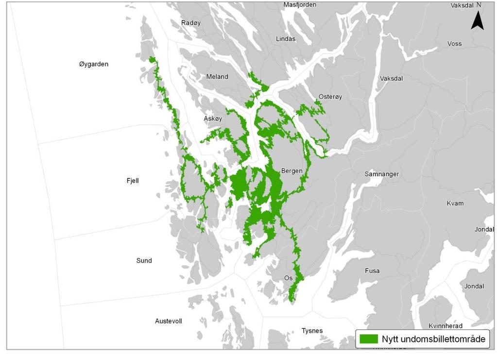 Figur 3: Kartet viser nytt ungdomsbillettområde. 3.2 KOSTNAD VED NYTT OMRÅDE VS. EKSISTERANDE Elevar som er under 21 år og som har meir enn 6 km frå bustad til skule, har rett til gratis skuleskyss.