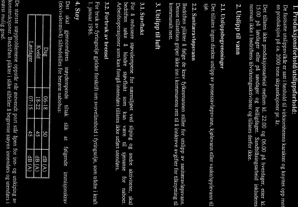 1. Produksjonsforhold/utslippsforhold: De fastsatte utslippsvillcår er satt i henhold til virksomhetens karakter og knyttet opp mot en produksjon på ca. 2000 tonn skipsseksjoner pr. år.