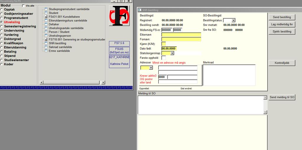 Registrering av utvekslingsstudenter 1. Bestill SNR nummer: 1) Åpne SNR-bestilling 2) Tast CTRL+R og så CTRL+N 3) Legg inn etternavnet til studenten. Det kan kun legges inn ett navn.