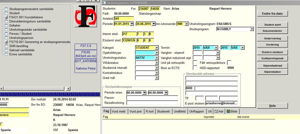 4. Bilde Utvekslingsperson 1) Åpne Utvekslingsperson 2) Tast CTRL+R og så CTRL+N 3) Tast inn fødselsnummer og tryll TAB. Du vil da se navnet til studenten. 4) Legg inn avtaleid.