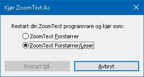 228 Kjør ZoomText As I enkelte situasjoner ønsker du at ZoomText Forstørrer/Leser skal starte som ZoomText Forstørrer. Du kan gjæ re det i dilogboksen ZoomText kjør.