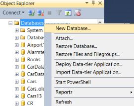 Oppgave 1 (Opprett en database og en tabell) 1) I «Object Explorer» (i «SQL Server Management Studio»), høyreklikk over Databases : 1 2 2) Skriv så databasenavnet og klikk OK: 3) Plasser så kursoren